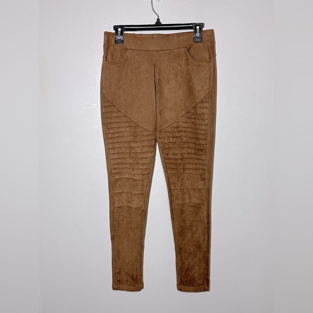 Yelete Women's Faux Suede Moto Leggings Medium Brown Stretch